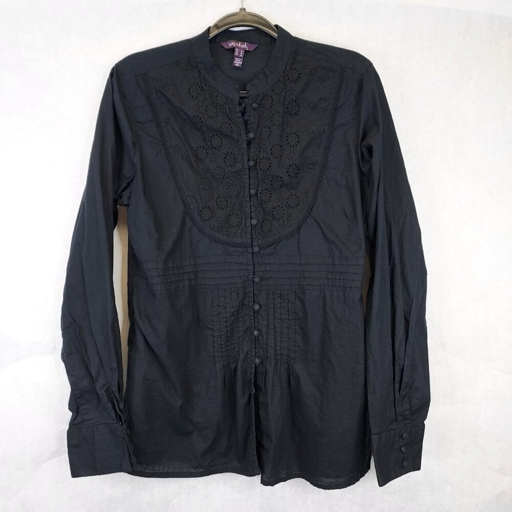 Long Tall Sally Button Up Shirt Women's 12 Black Pintuck Pleats Eyelet Lace Yoke